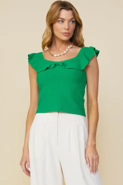 SKIES ARE BLUE Sleeveless Tops*Ruffle Detail Knit Top Kelly-green