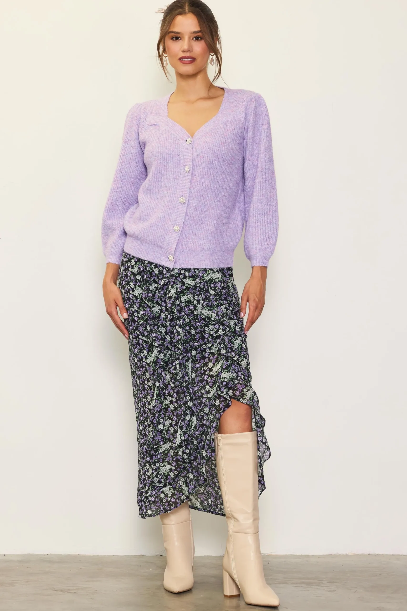 SKIES ARE BLUE Skirts*Ruffle Detail Slit Midi Skirt Black-lavender