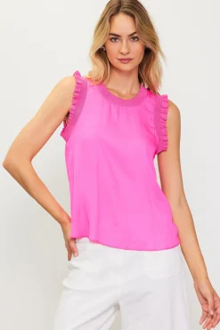 SKIES ARE BLUE Sleeveless Tops*Ruffle Detail Woven Top Candypink