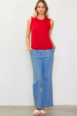SKIES ARE BLUE Sleeveless Tops*Ruffle Detail Woven Top Radiantred