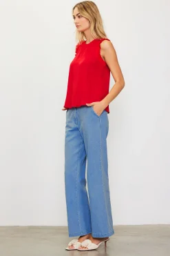 SKIES ARE BLUE Sleeveless Tops*Ruffle Detail Woven Top Radiantred