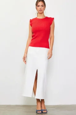 SKIES ARE BLUE Sleeveless Tops*Ruffle Sleeve Knit Top Poppyred