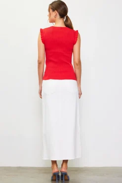 SKIES ARE BLUE Sleeveless Tops*Ruffle Sleeve Knit Top Poppyred