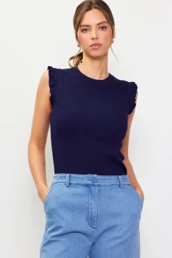 SKIES ARE BLUE Sleeveless Tops*Ruffle Sleeve Knit Top Navy