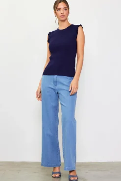 SKIES ARE BLUE Sleeveless Tops*Ruffle Sleeve Knit Top Navy
