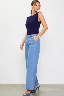 SKIES ARE BLUE Sleeveless Tops*Ruffle Sleeve Knit Top Navy