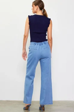 SKIES ARE BLUE Sleeveless Tops*Ruffle Sleeve Knit Top Navy