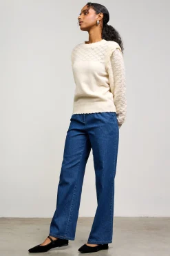 SKIES ARE BLUE Sweaters*Ruffled Sleeve Pointelle Sweater Cream