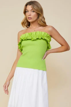 SKIES ARE BLUE Sleeveless Tops*Ruffled Strapless Top Limegreen