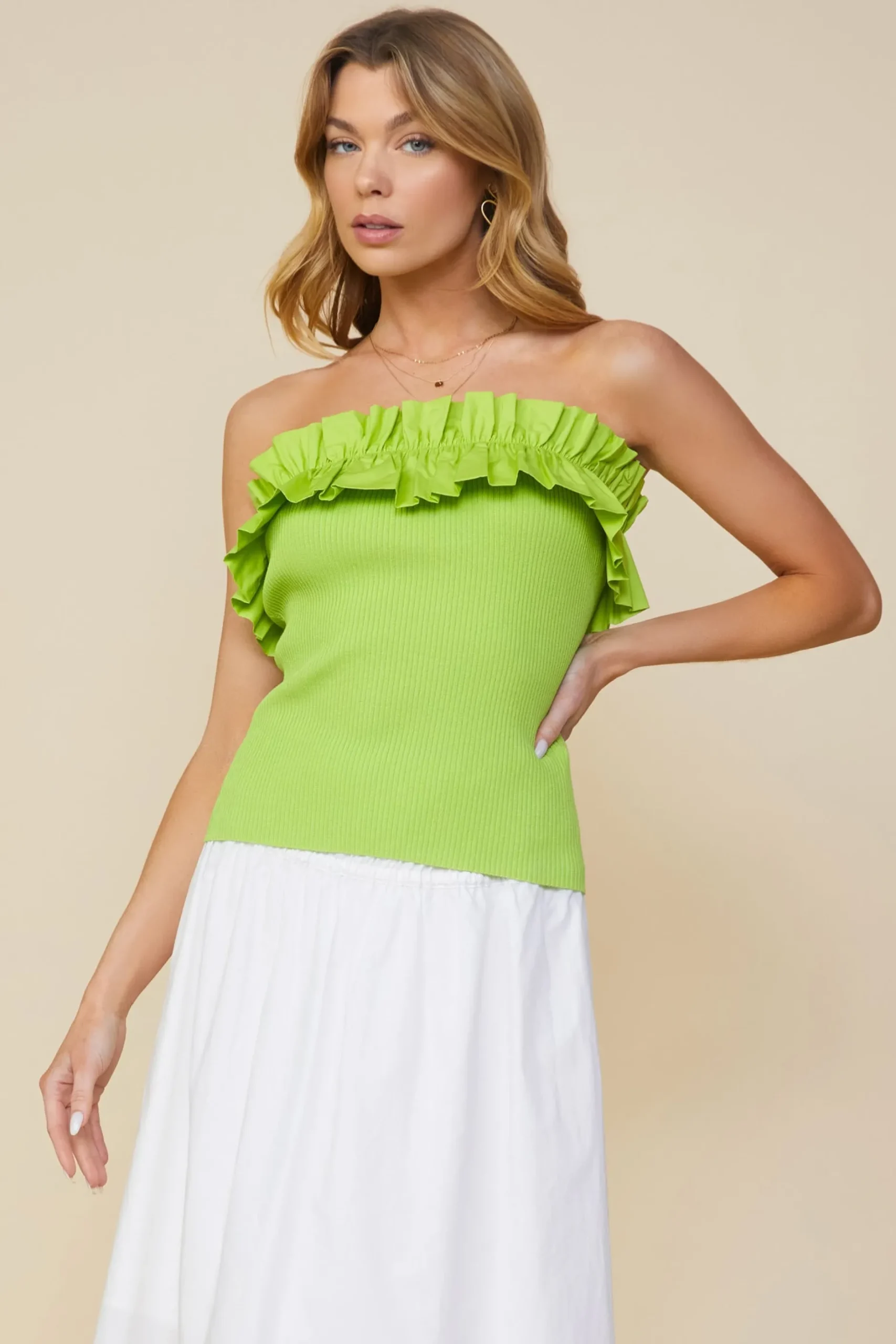 SKIES ARE BLUE Sleeveless Tops*Ruffled Strapless Top Limegreen