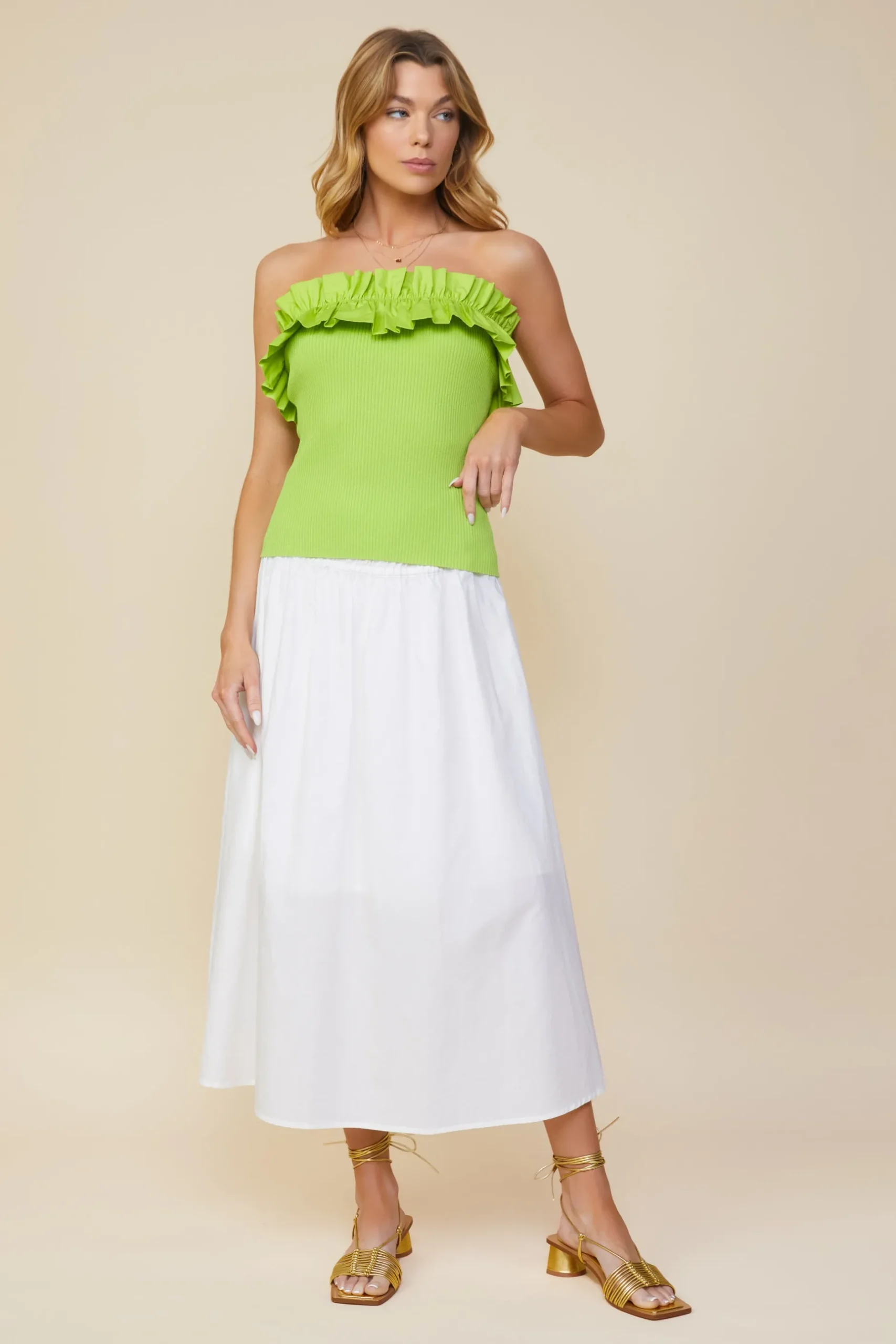 SKIES ARE BLUE Sleeveless Tops*Ruffled Strapless Top Limegreen