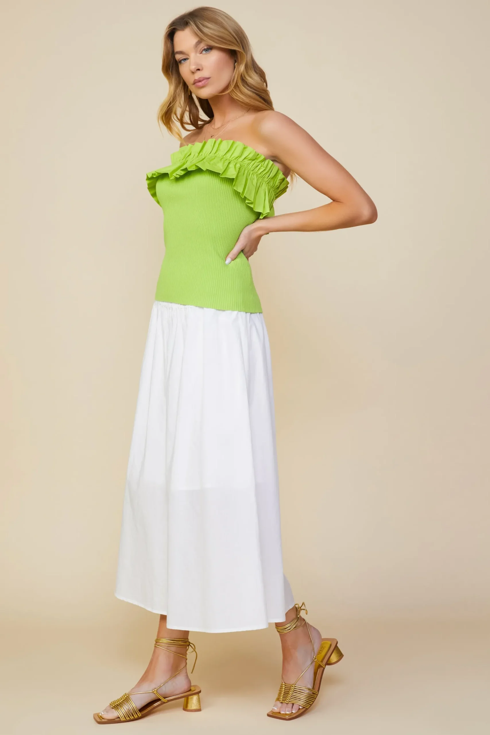 SKIES ARE BLUE Sleeveless Tops*Ruffled Strapless Top Limegreen