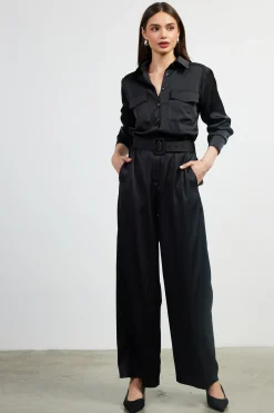 SKIES ARE BLUE Jumpsuits*Satin Button Down Belted Jumpsuit Black