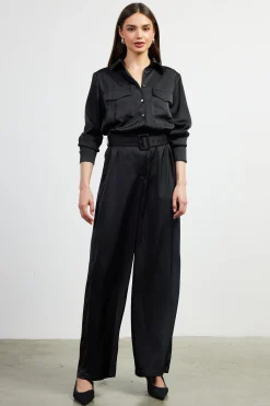 SKIES ARE BLUE Jumpsuits*Satin Button Down Belted Jumpsuit Black
