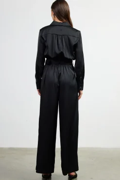 SKIES ARE BLUE Jumpsuits*Satin Button Down Belted Jumpsuit Black