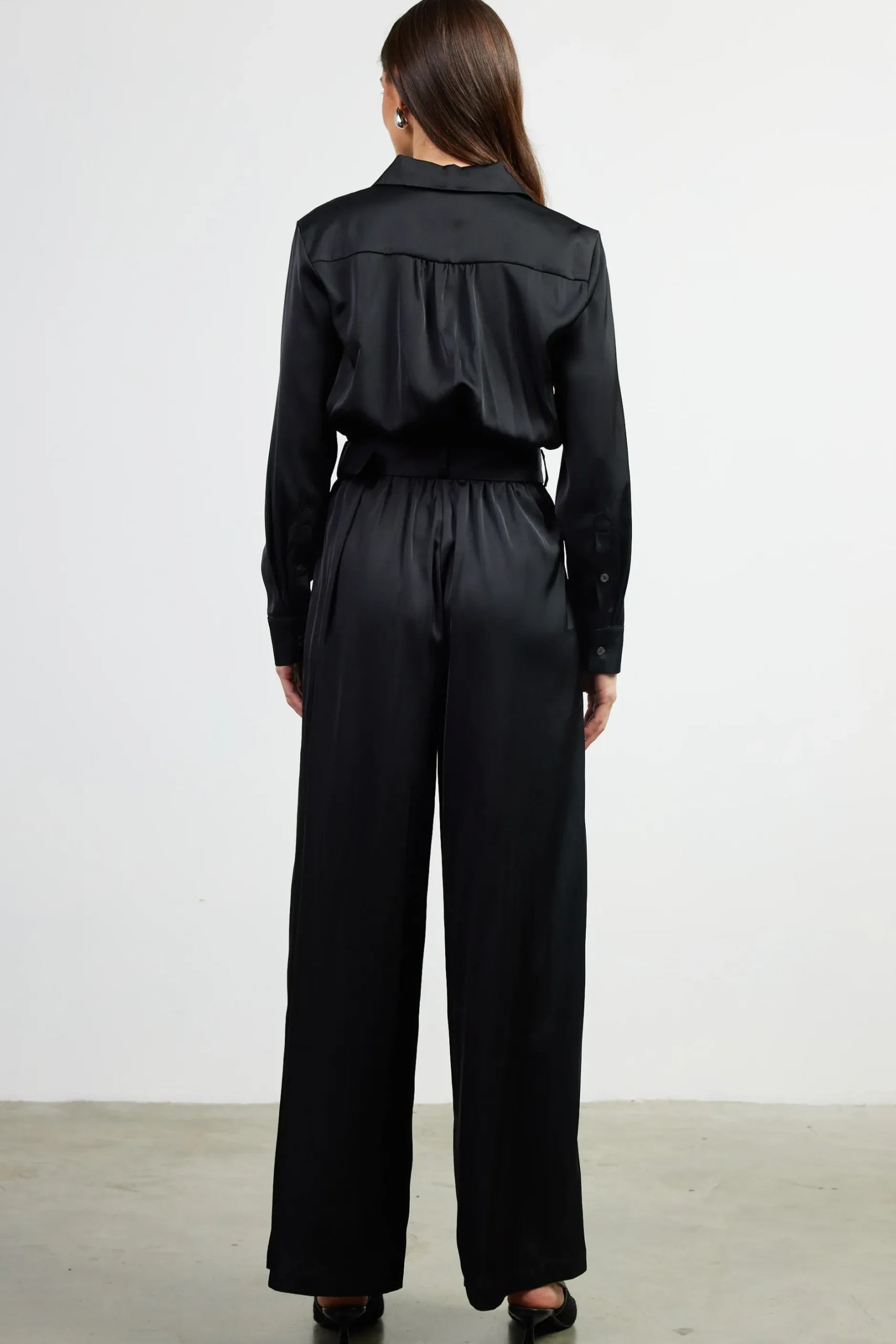 SKIES ARE BLUE Jumpsuits*Satin Button Down Belted Jumpsuit Black