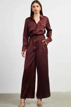 SKIES ARE BLUE Jumpsuits*Satin Button Down Belted Jumpsuit Chocolate