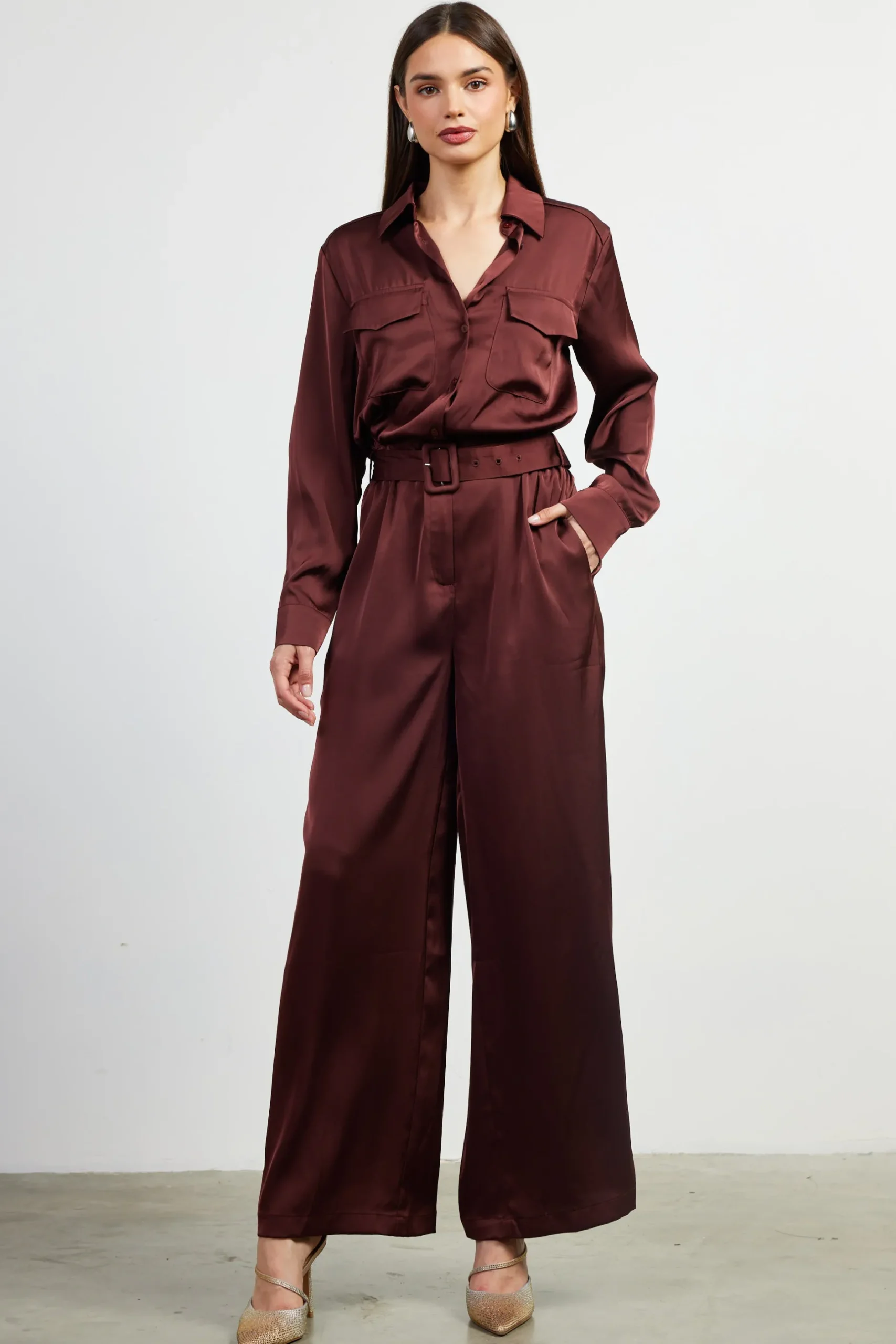 SKIES ARE BLUE Jumpsuits*Satin Button Down Belted Jumpsuit Chocolate