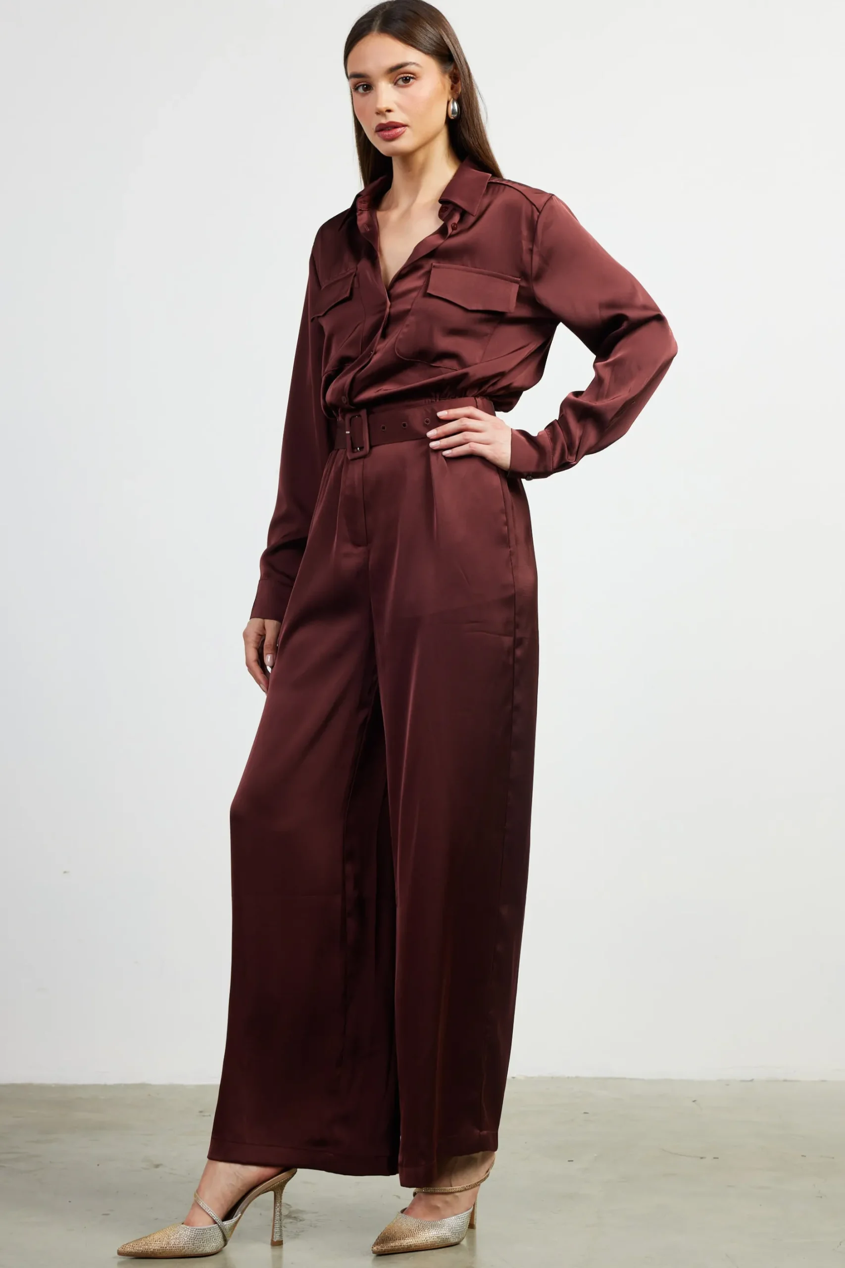 SKIES ARE BLUE Jumpsuits*Satin Button Down Belted Jumpsuit Chocolate