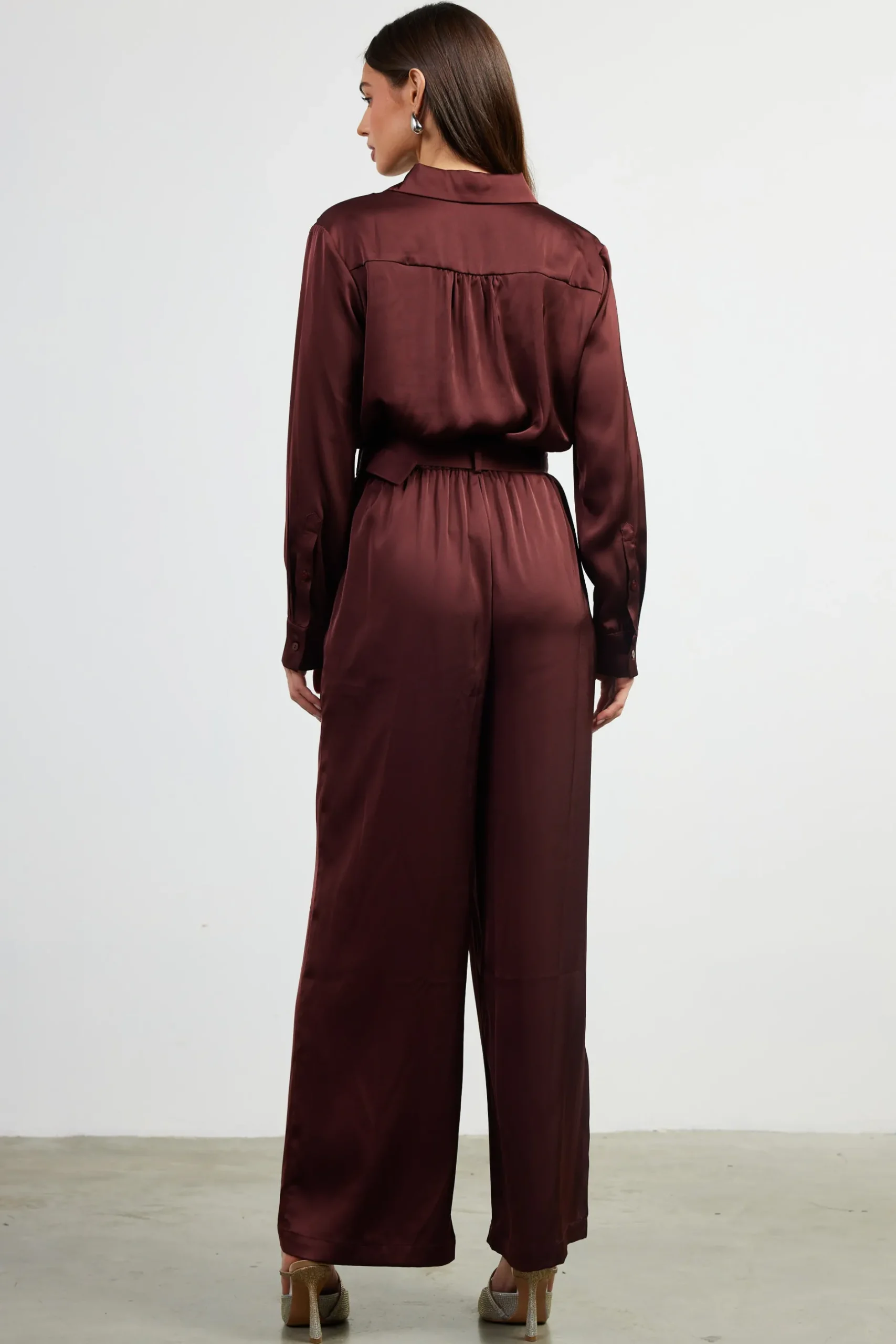 SKIES ARE BLUE Jumpsuits*Satin Button Down Belted Jumpsuit Chocolate