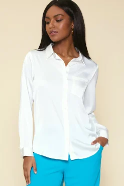 SKIES ARE BLUE Blouses|Long Sleeve Tops*Satin Button Down Shirt Offwhite