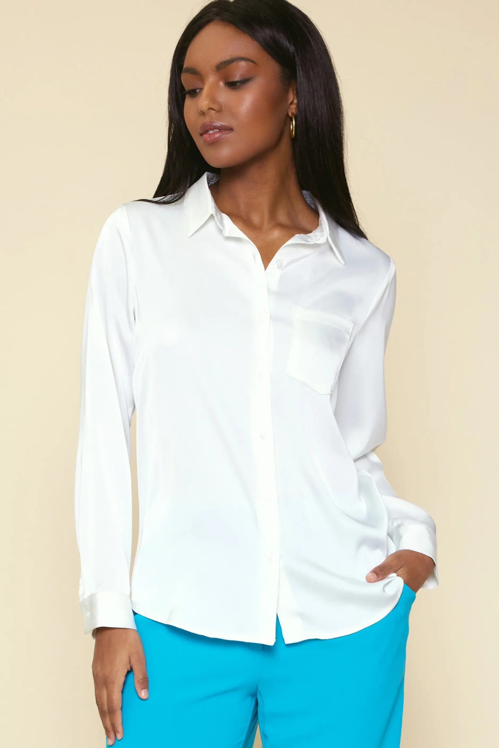 SKIES ARE BLUE Blouses|Long Sleeve Tops*Satin Button Down Shirt Offwhite