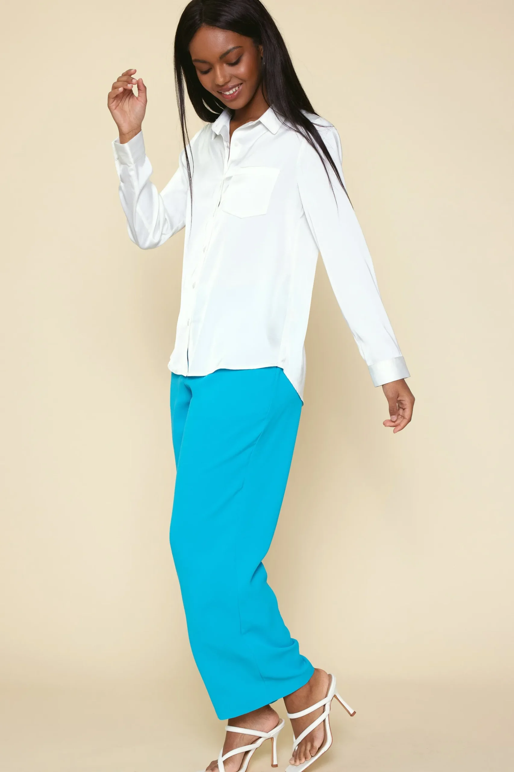 SKIES ARE BLUE Blouses|Long Sleeve Tops*Satin Button Down Shirt Offwhite