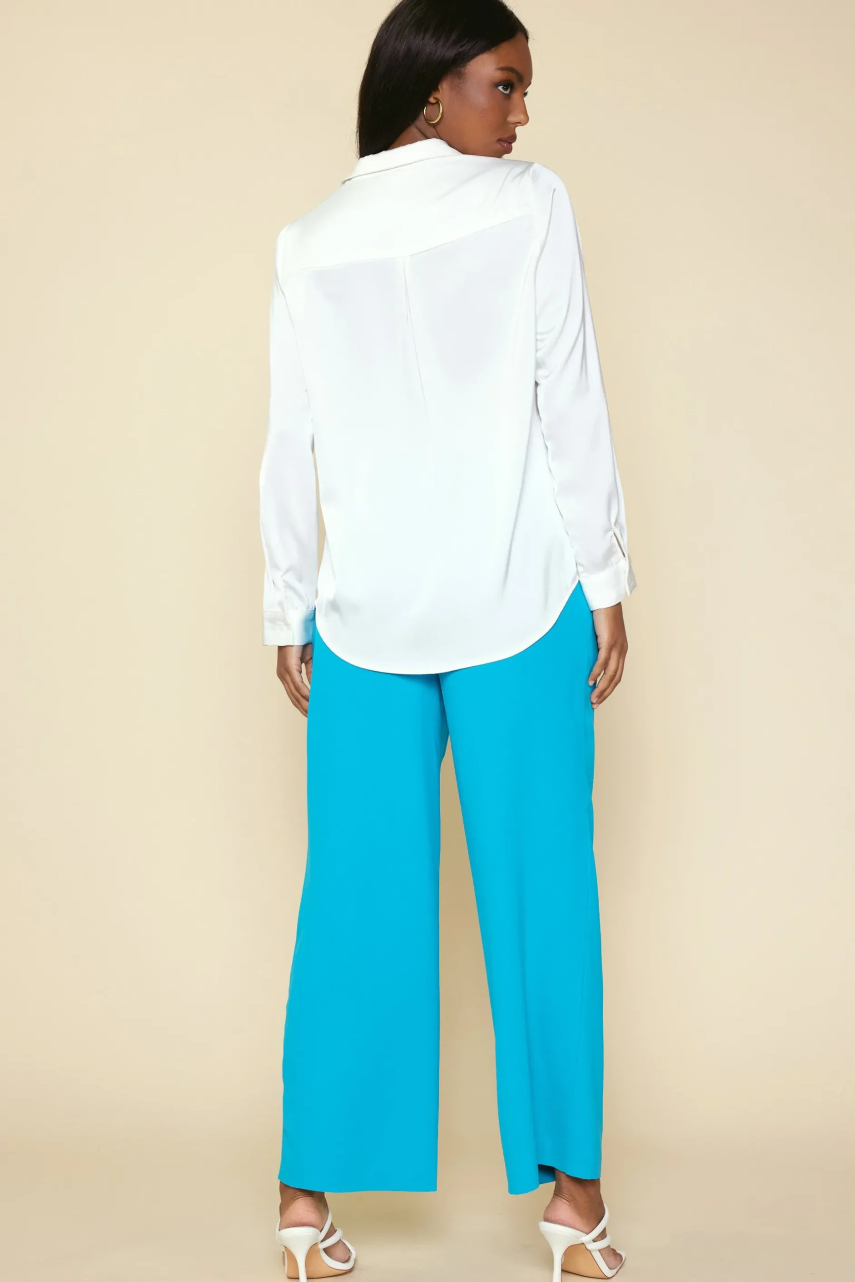 SKIES ARE BLUE Blouses|Long Sleeve Tops*Satin Button Down Shirt Offwhite