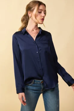 SKIES ARE BLUE Blouses*Satin Button Down Shirt Navy