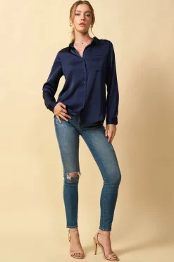 SKIES ARE BLUE Blouses*Satin Button Down Shirt Navy