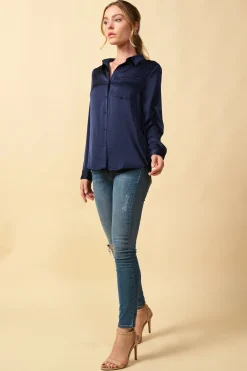 SKIES ARE BLUE Blouses*Satin Button Down Shirt Navy