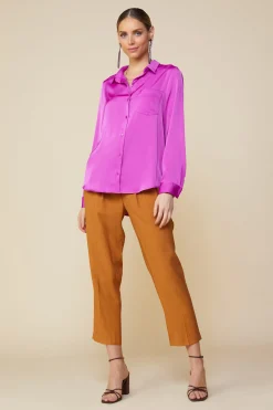 SKIES ARE BLUE Long Sleeve Tops*Satin Button Down Shirt Orchid