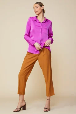 SKIES ARE BLUE Long Sleeve Tops*Satin Button Down Shirt Orchid