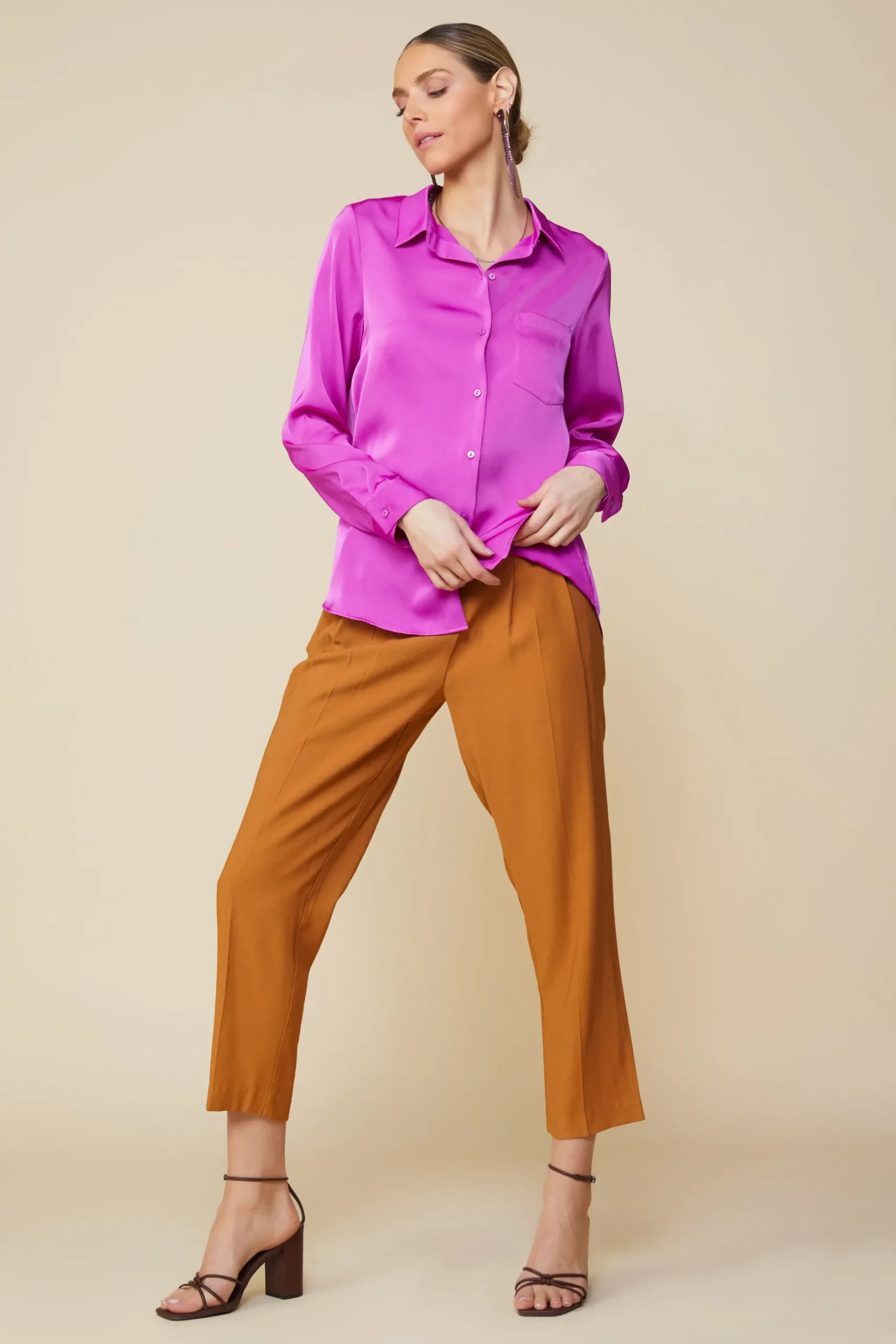 SKIES ARE BLUE Long Sleeve Tops*Satin Button Down Shirt Orchid