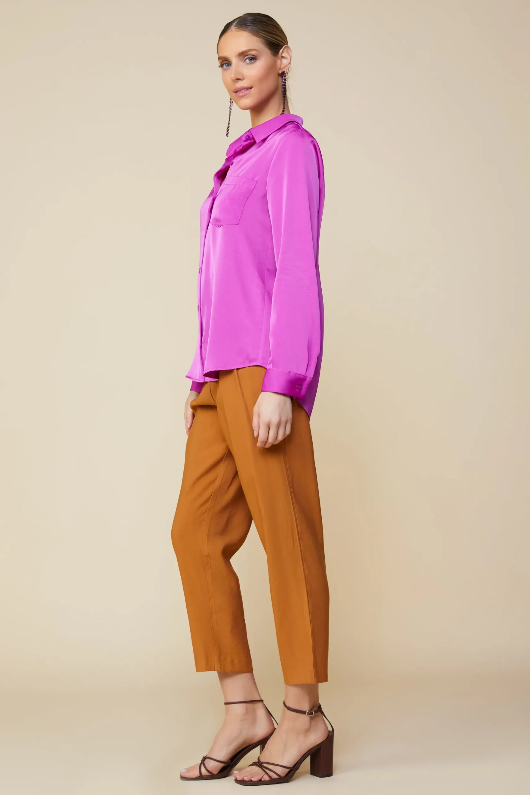 SKIES ARE BLUE Long Sleeve Tops*Satin Button Down Shirt Orchid