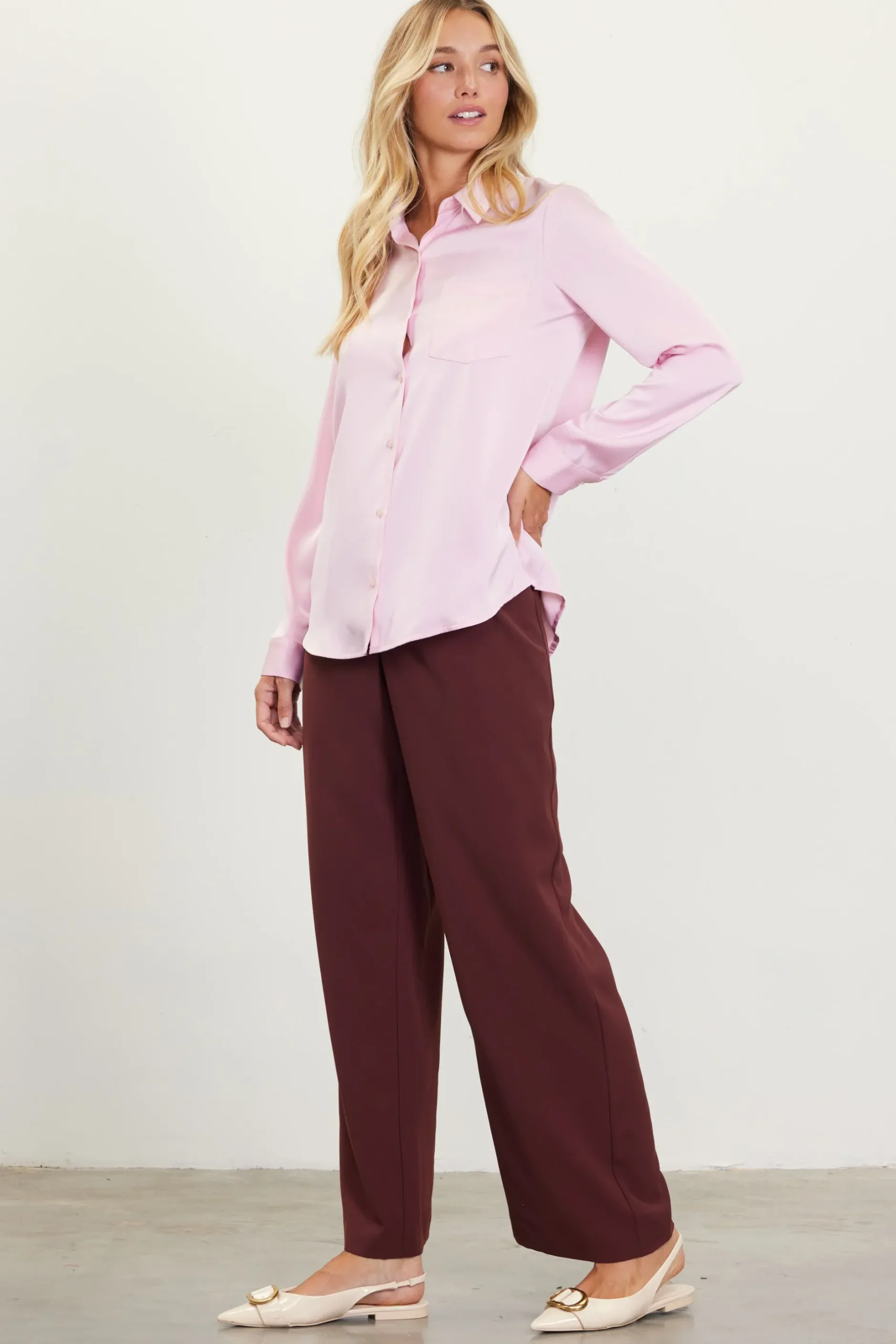SKIES ARE BLUE Blouses|Long Sleeve Tops*Satin Button Down Top Petalpink