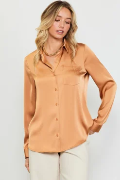 SKIES ARE BLUE Blouses|Long Sleeve Tops*Satin Button Down Top Gingerbrown