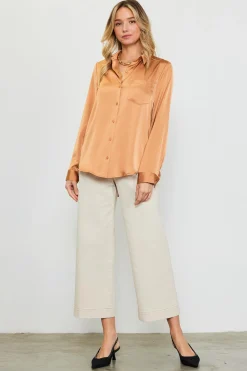 SKIES ARE BLUE Blouses|Long Sleeve Tops*Satin Button Down Top Gingerbrown