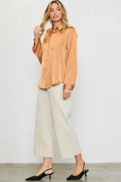 SKIES ARE BLUE Blouses|Long Sleeve Tops*Satin Button Down Top Gingerbrown