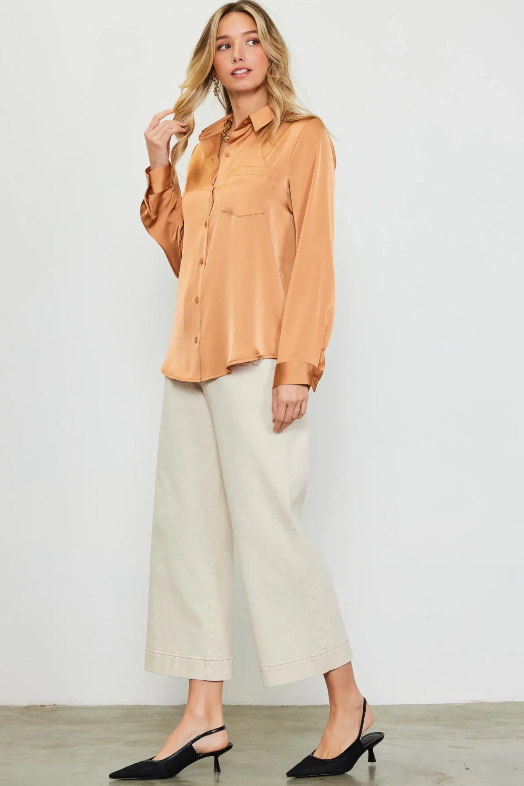 SKIES ARE BLUE Blouses|Long Sleeve Tops*Satin Button Down Top Gingerbrown