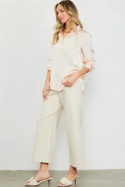 SKIES ARE BLUE Blouses*Satin Button Down Top Oatmilk