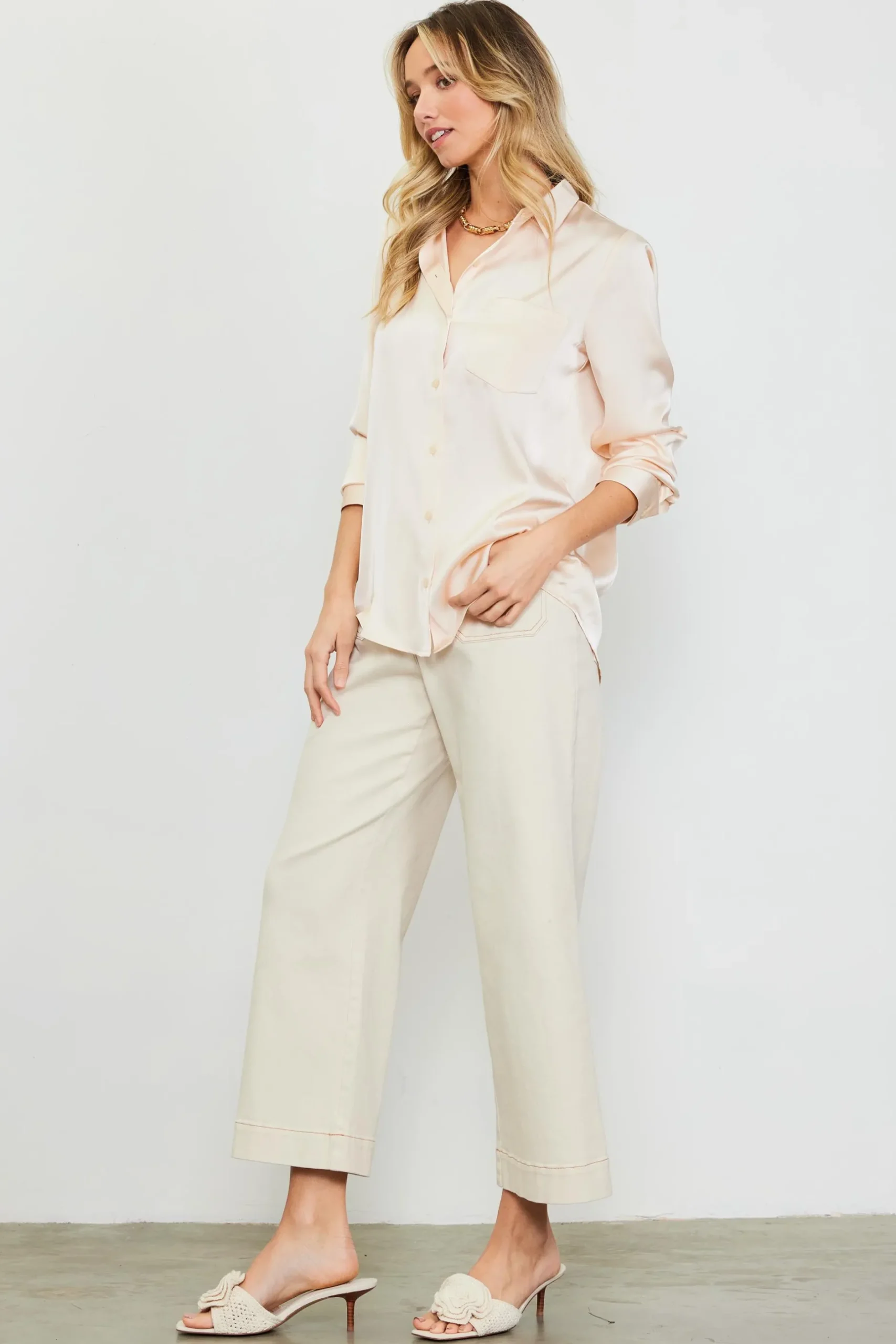 SKIES ARE BLUE Blouses*Satin Button Down Top Oatmilk