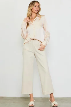 SKIES ARE BLUE Blouses*Satin Button Down Top Oatmilk