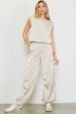 SKIES ARE BLUE Pants*Satin Cargo Pants Champagne