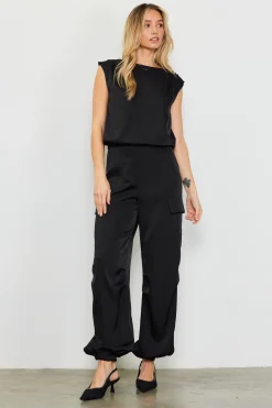 SKIES ARE BLUE Pants*Satin Cargo Pants Black