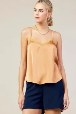 SKIES ARE BLUE Sleeveless Tops*Satin Lace Cami Top Gingerbrown