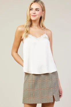 SKIES ARE BLUE Sleeveless Tops*Satin Lace Cami Top Oatmilk