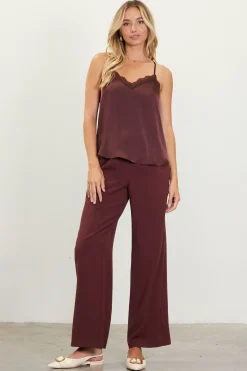 SKIES ARE BLUE Sleeveless Tops*Satin Lace Detail Cami Chocolate