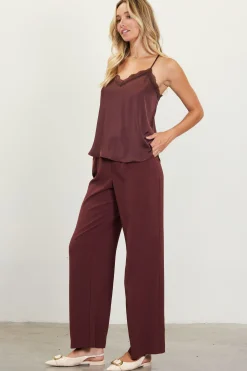 SKIES ARE BLUE Sleeveless Tops*Satin Lace Detail Cami Chocolate