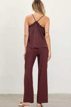 SKIES ARE BLUE Sleeveless Tops*Satin Lace Detail Cami Chocolate